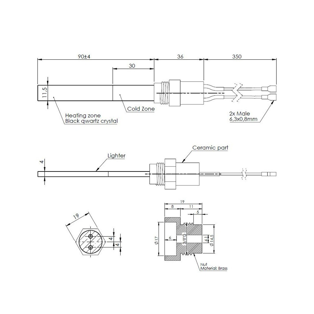 Resistenza per stufe a pellet in cristalli di quarzo nero, con raccordo filettato 3/8" - PS13-230-300