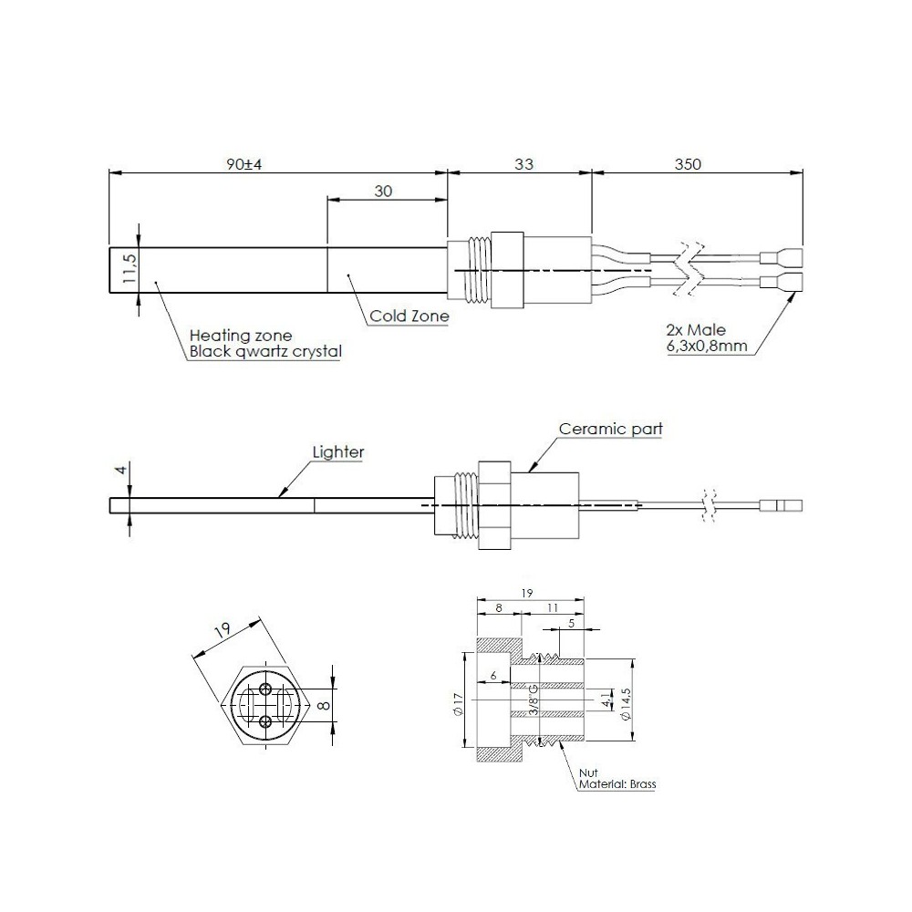 Resistenza per stufe a pellet in cristalli di quarzo nero, con raccordo filettato 3/8" - PS19-230-300