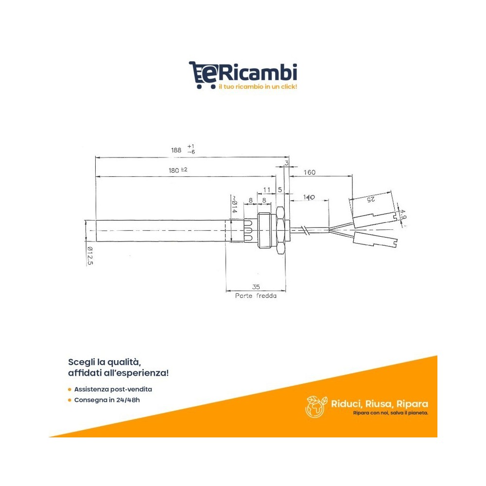 Resistenza accensione per stufe a pellet, con raccordo filettato 1/2" - UTXS025889